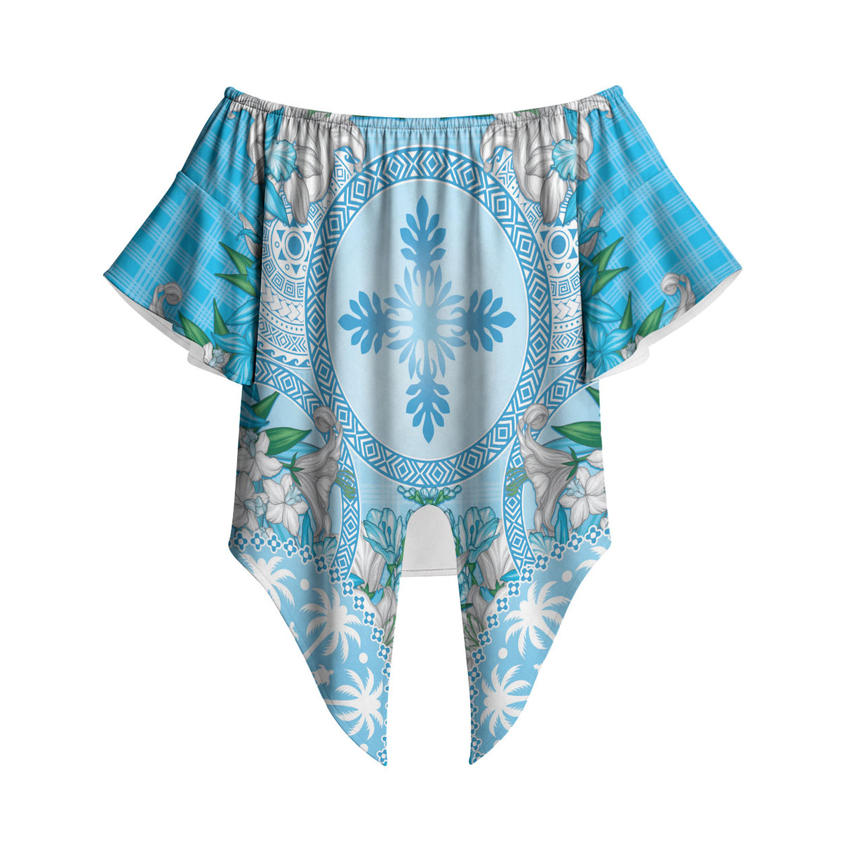 Hawaii Cyan Palaka Off Shoulder Wrap Waist Top With Tapa Pattern Tropical Flowers LT05 Cyan - Polynesian Pride