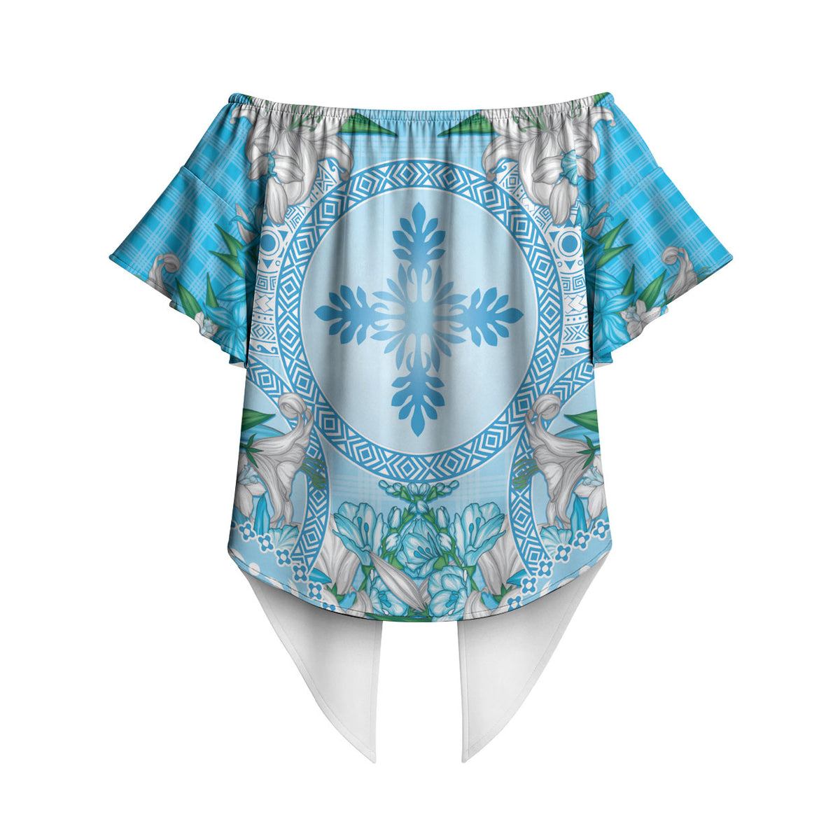 Hawaii Cyan Palaka Off Shoulder Wrap Waist Top With Tapa Pattern Tropical Flowers LT05 - Polynesian Pride