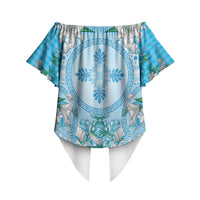 Hawaii Cyan Palaka Off Shoulder Wrap Waist Top With Tapa Pattern Tropical Flowers LT05 - Polynesian Pride