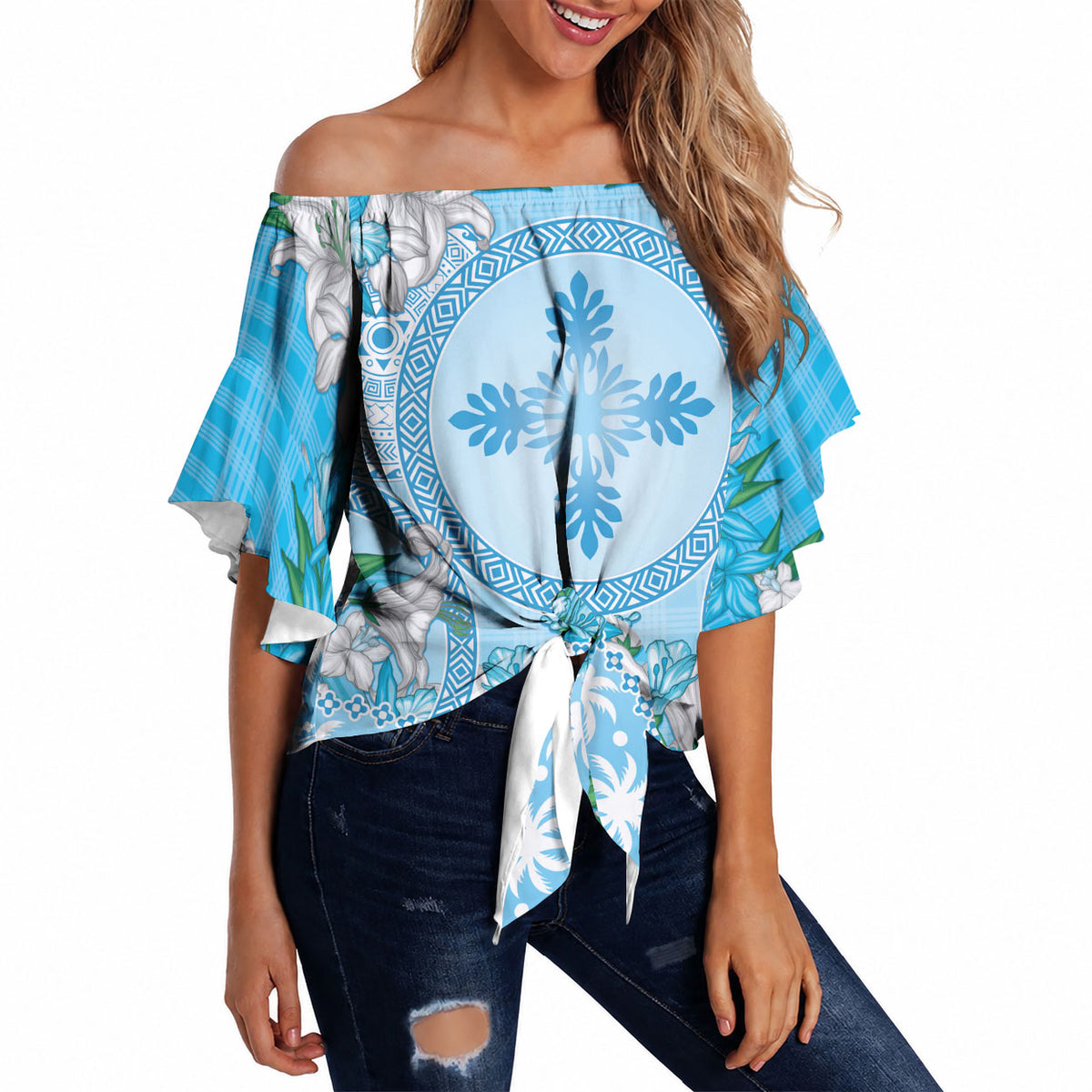 Hawaii Cyan Palaka Off Shoulder Wrap Waist Top With Tapa Pattern Tropical Flowers LT05 - Polynesian Pride