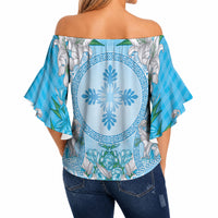 Hawaii Cyan Palaka Off Shoulder Wrap Waist Top With Tapa Pattern Tropical Flowers LT05 - Polynesian Pride
