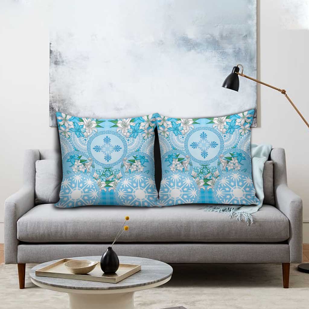 Hawaii Cyan Palaka Pillow Cover With Tapa Pattern Tropical Flowers - Polynesian Pride