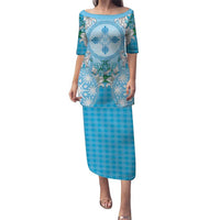 Hawaii Cyan Palaka Puletasi With Tapa Pattern Tropical Flowers - Polynesian Pride