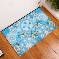 Hawaii Cyan Palaka Rubber Doormat With Tapa Pattern Tropical Flowers - Polynesian Pride