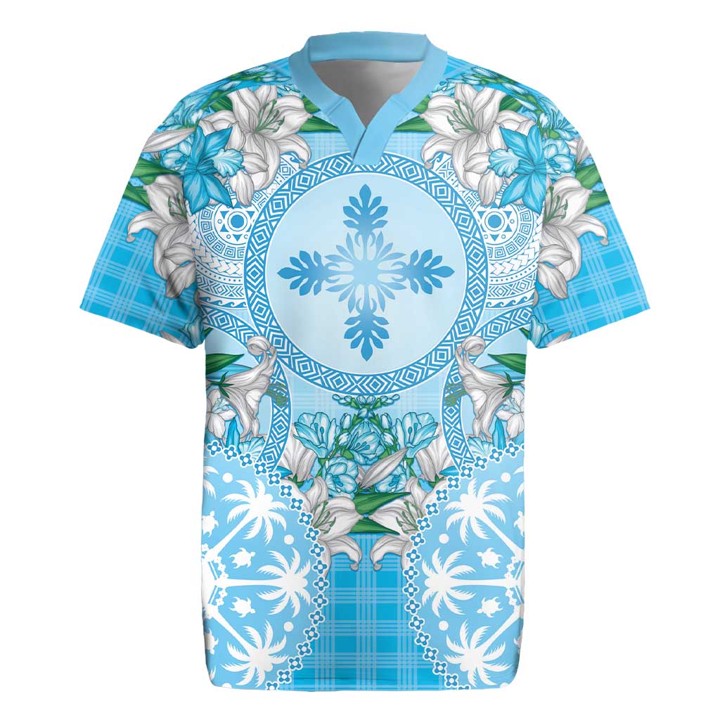 Hawaii Cyan Palaka Rugby Jersey With Tapa Pattern Tropical Flowers LT05 Cyan - Polynesian Pride