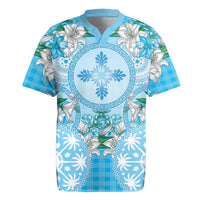 Hawaii Cyan Palaka Rugby Jersey With Tapa Pattern Tropical Flowers LT05 Cyan - Polynesian Pride