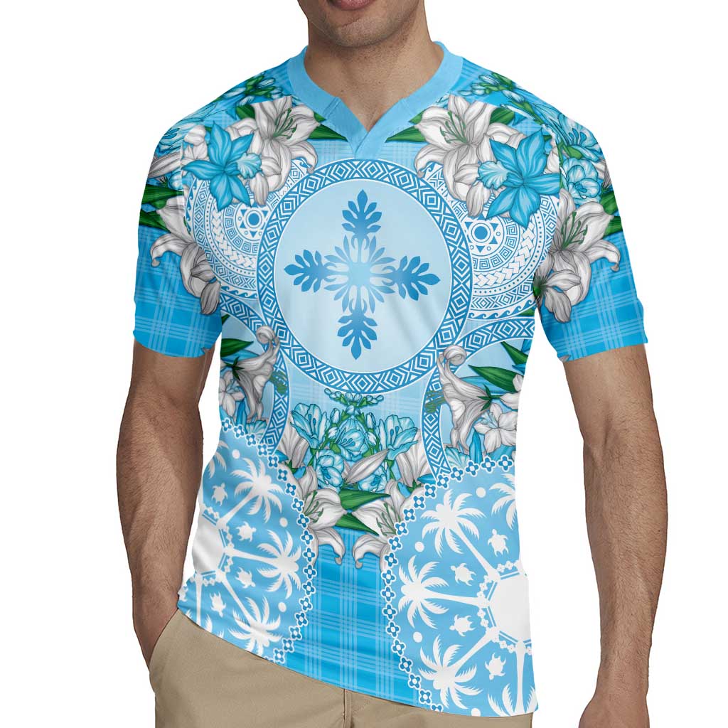Hawaii Cyan Palaka Rugby Jersey With Tapa Pattern Tropical Flowers LT05 - Polynesian Pride