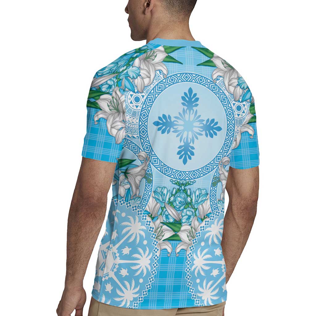 Hawaii Cyan Palaka Rugby Jersey With Tapa Pattern Tropical Flowers LT05 - Polynesian Pride