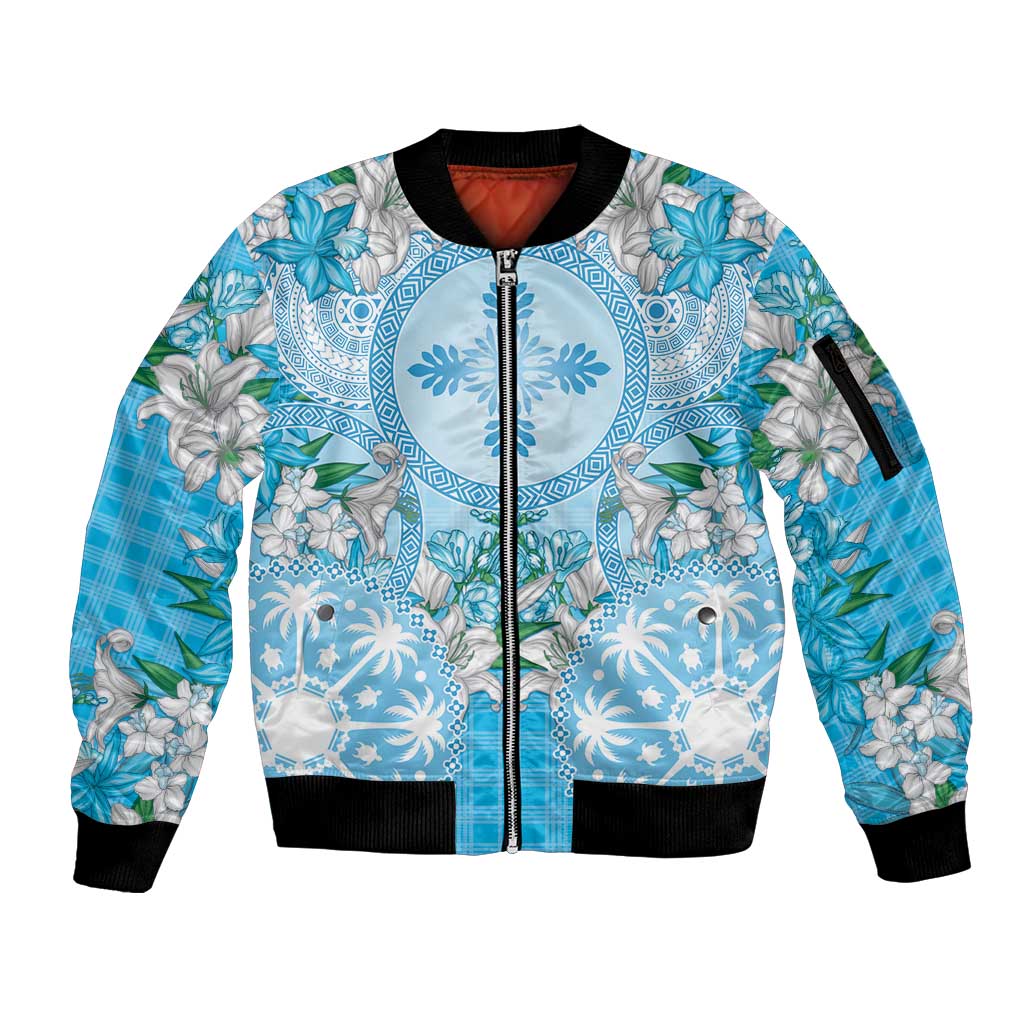 Hawaii Cyan Palaka Sleeve Zip Bomber Jacket With Tapa Pattern Tropical Flowers LT05 Unisex Cyan - Polynesian Pride