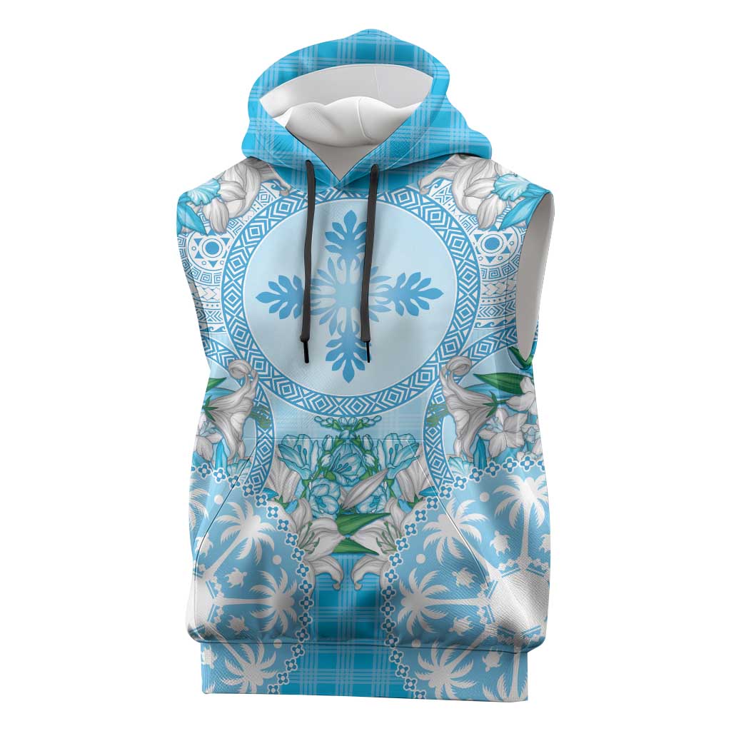 Hawaii Cyan Palaka Sleeveless Hoodie With Tapa Pattern Tropical Flowers LT05 Cyan - Polynesian Pride