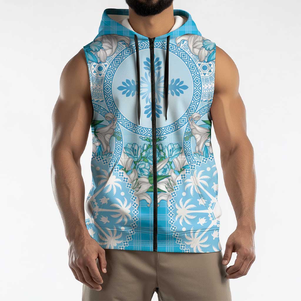 Hawaii Cyan Palaka Sleeveless Zip Hoodie With Tapa Pattern Tropical Flowers - Polynesian Pride