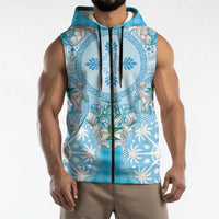 Hawaii Cyan Palaka Sleeveless Zip Hoodie With Tapa Pattern Tropical Flowers - Polynesian Pride