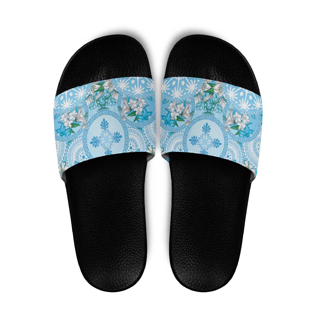Hawaii Cyan Palaka Slide Sandals With Tapa Pattern Tropical Flowers LT05 Cyan - Polynesian Pride