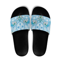 Hawaii Cyan Palaka Slide Sandals With Tapa Pattern Tropical Flowers LT05 Cyan - Polynesian Pride