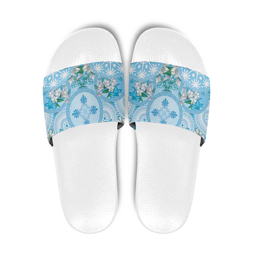 Hawaii Cyan Palaka Slide Sandals With Tapa Pattern Tropical Flowers LT05 Cyan - Polynesian Pride