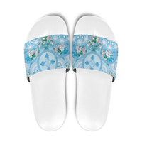 Hawaii Cyan Palaka Slide Sandals With Tapa Pattern Tropical Flowers LT05 Cyan - Polynesian Pride