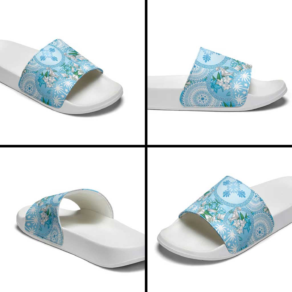 Hawaii Cyan Palaka Slide Sandals With Tapa Pattern Tropical Flowers LT05 - Polynesian Pride