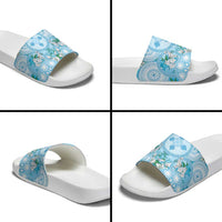 Hawaii Cyan Palaka Slide Sandals With Tapa Pattern Tropical Flowers LT05 - Polynesian Pride