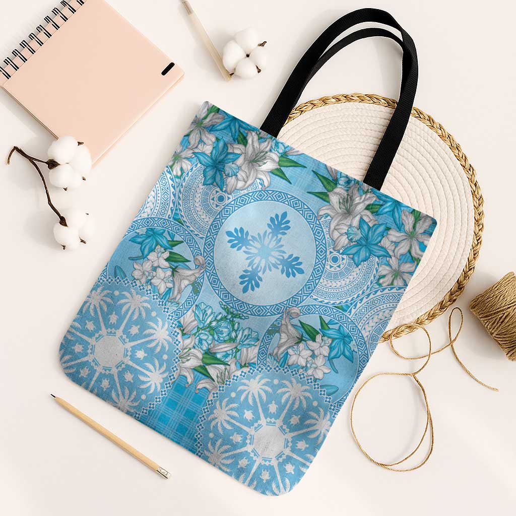 Hawaii Cyan Palaka Tote Bag With Tapa Pattern Tropical Flowers LT05 Black Strap One Size Cyan - Polynesian Pride