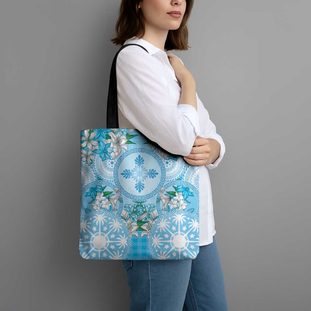 Hawaii Cyan Palaka Tote Bag With Tapa Pattern Tropical Flowers LT05 - Polynesian Pride