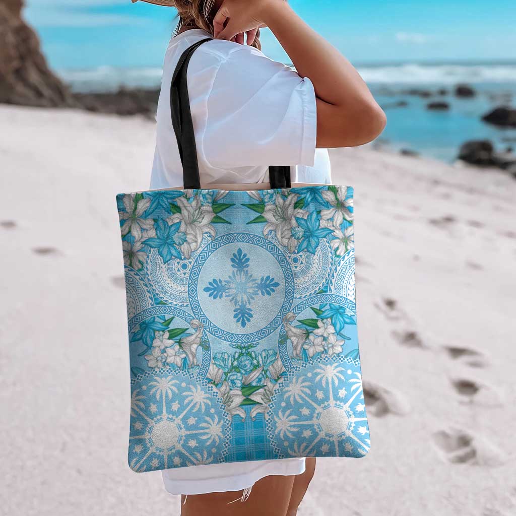 Hawaii Cyan Palaka Tote Bag With Tapa Pattern Tropical Flowers LT05 - Polynesian Pride