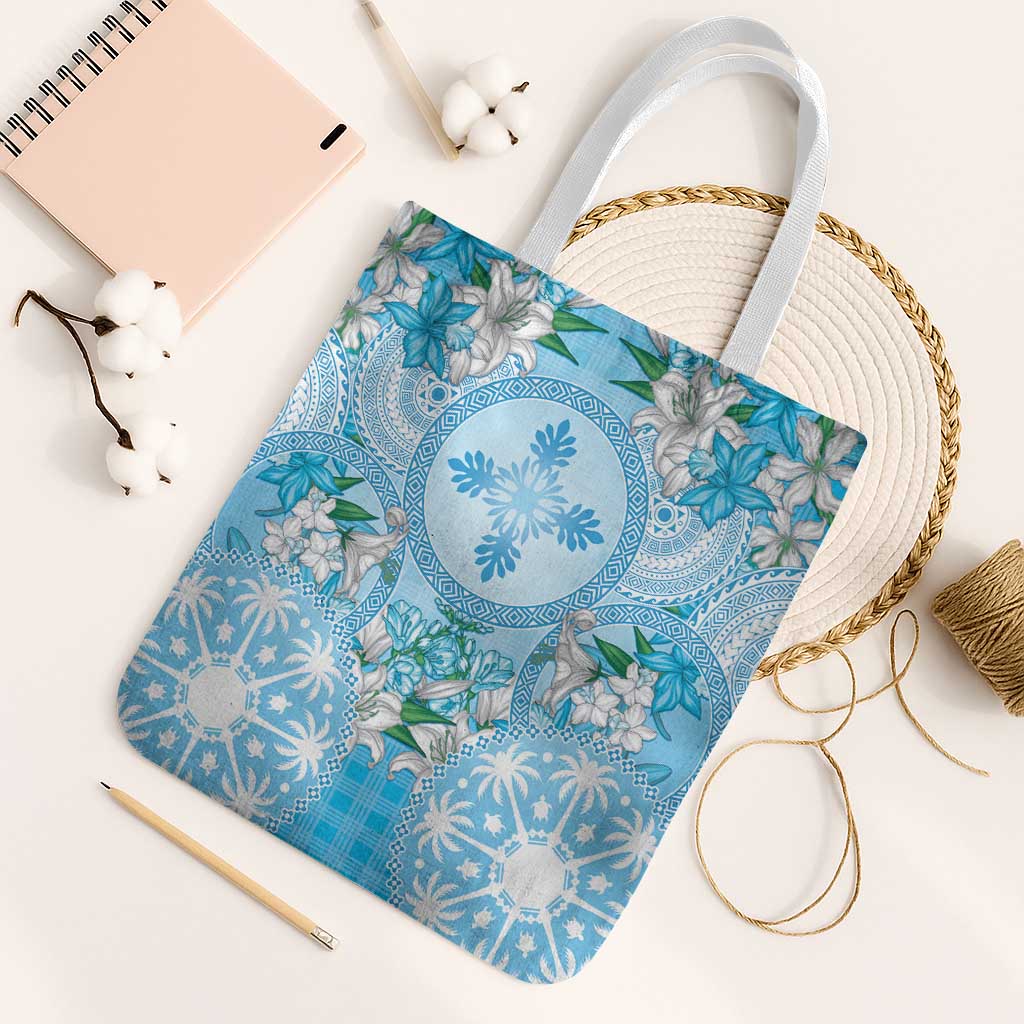 Hawaii Cyan Palaka Tote Bag With Tapa Pattern Tropical Flowers LT05 White Strap One Size Cyan - Polynesian Pride