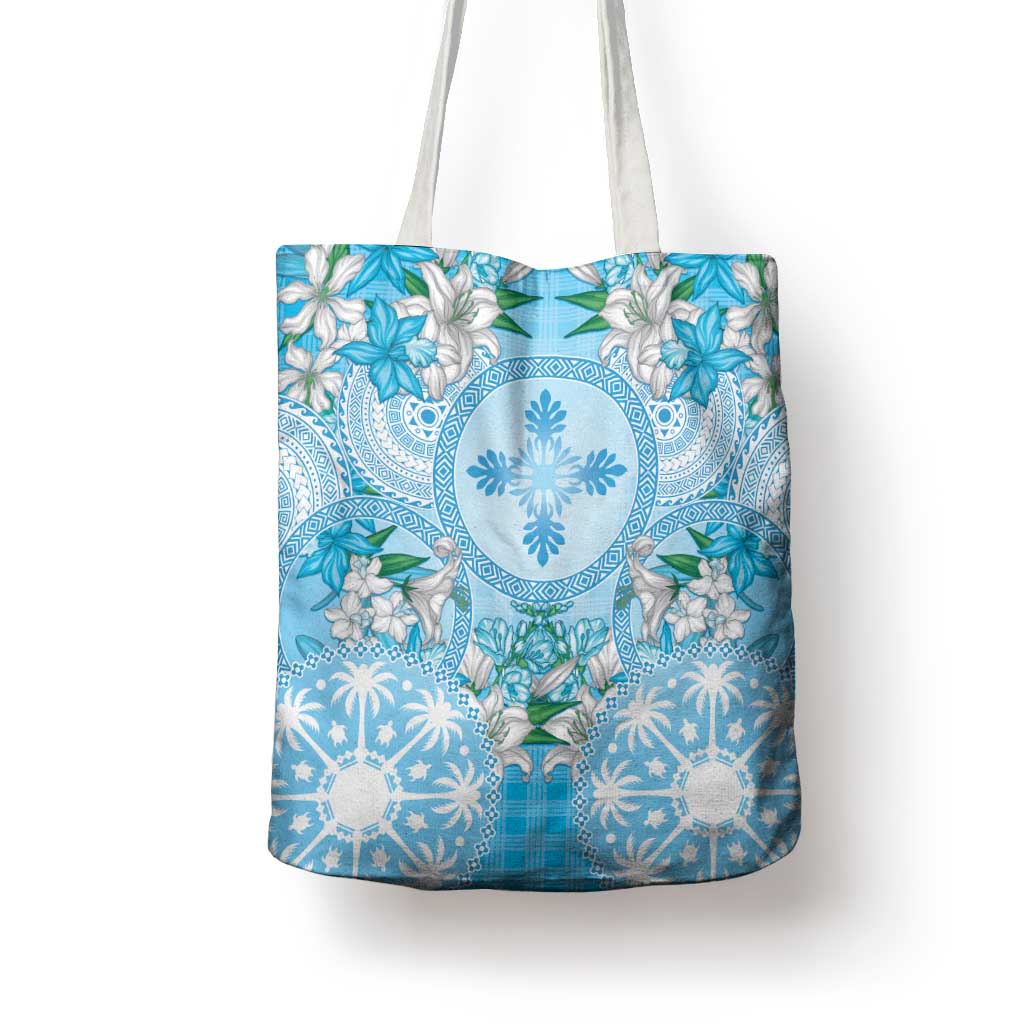 Hawaii Cyan Palaka Tote Bag With Tapa Pattern Tropical Flowers LT05 - Polynesian Pride