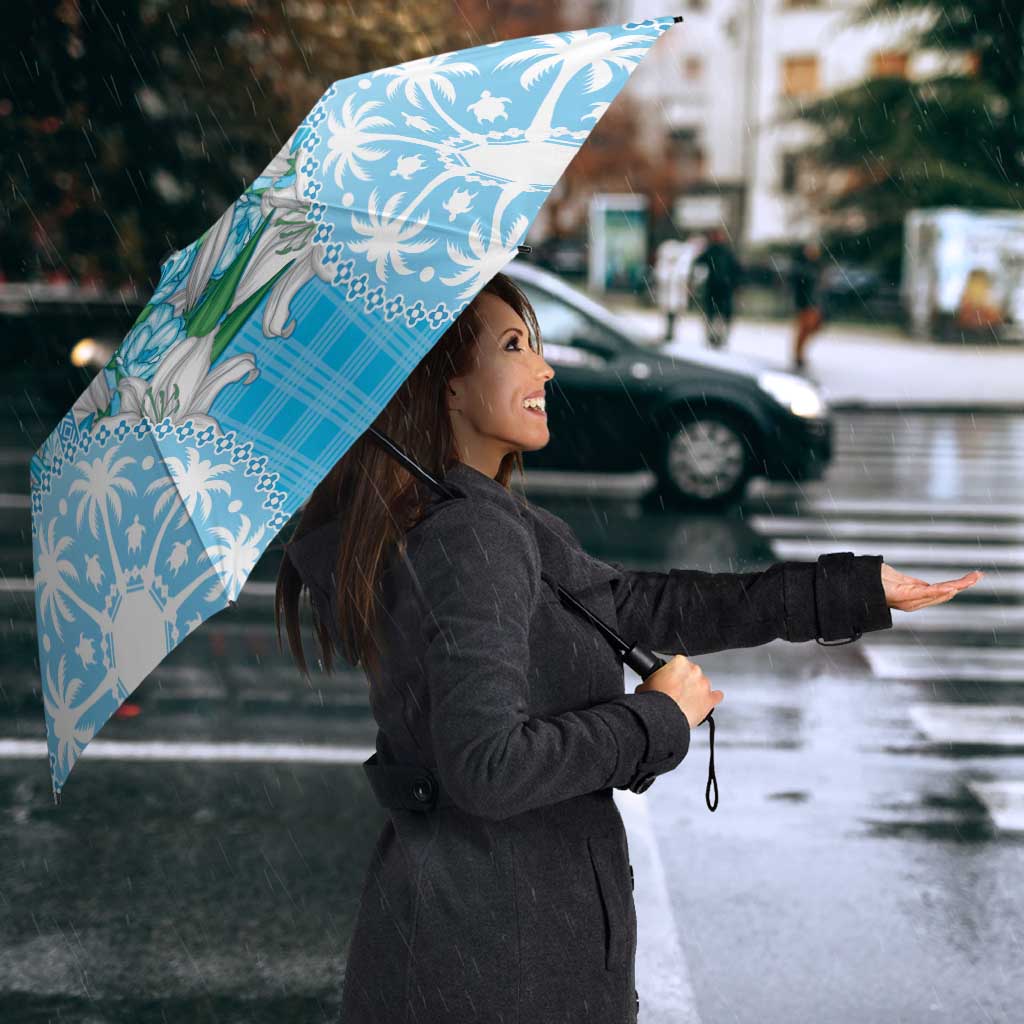 Hawaii Cyan Palaka Umbrella With Tapa Pattern Tropical Flowers - Polynesian Pride