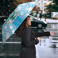 Hawaii Cyan Palaka Umbrella With Tapa Pattern Tropical Flowers - Polynesian Pride