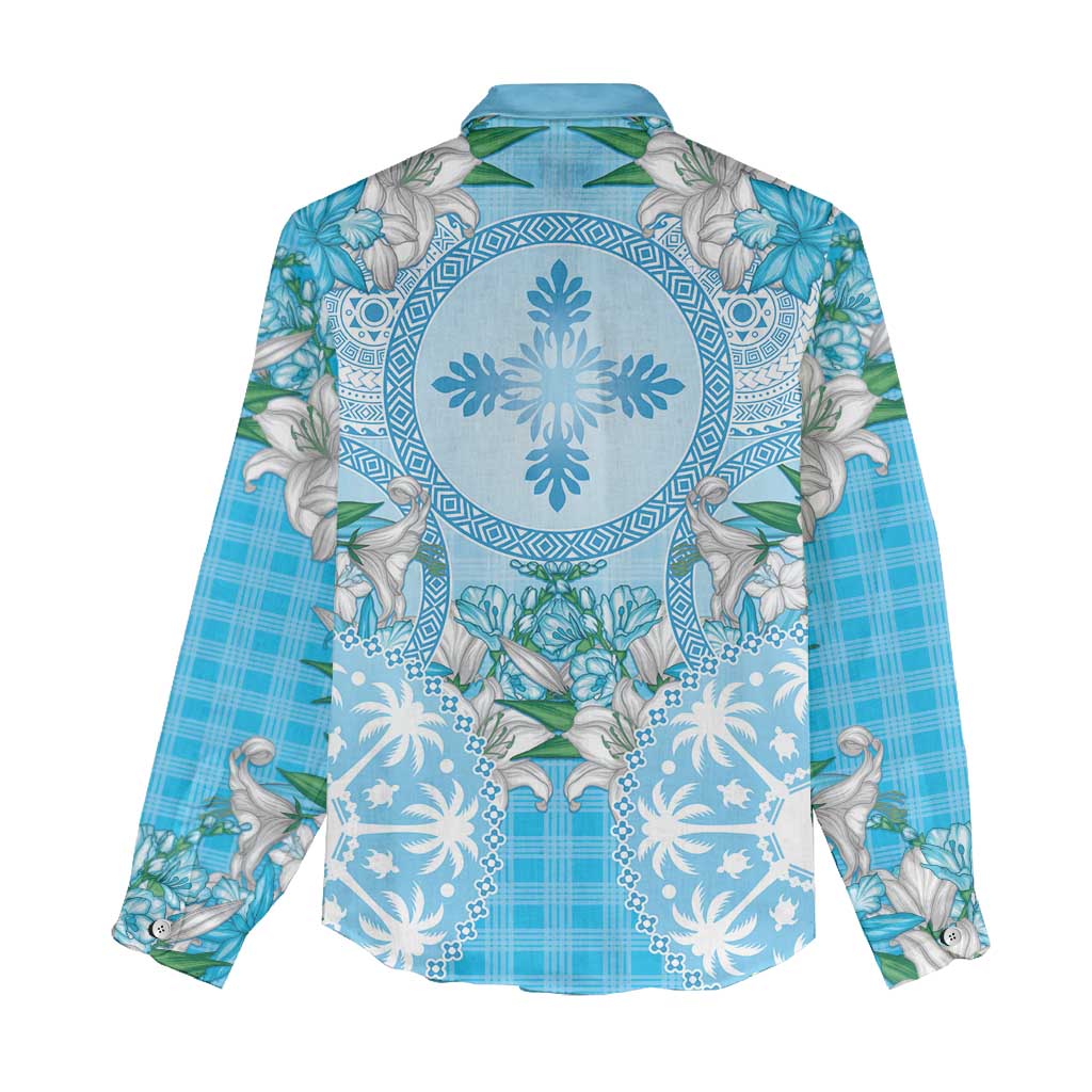 Hawaii Cyan Palaka Women Casual Shirt With Tapa Pattern Tropical Flowers - Polynesian Pride