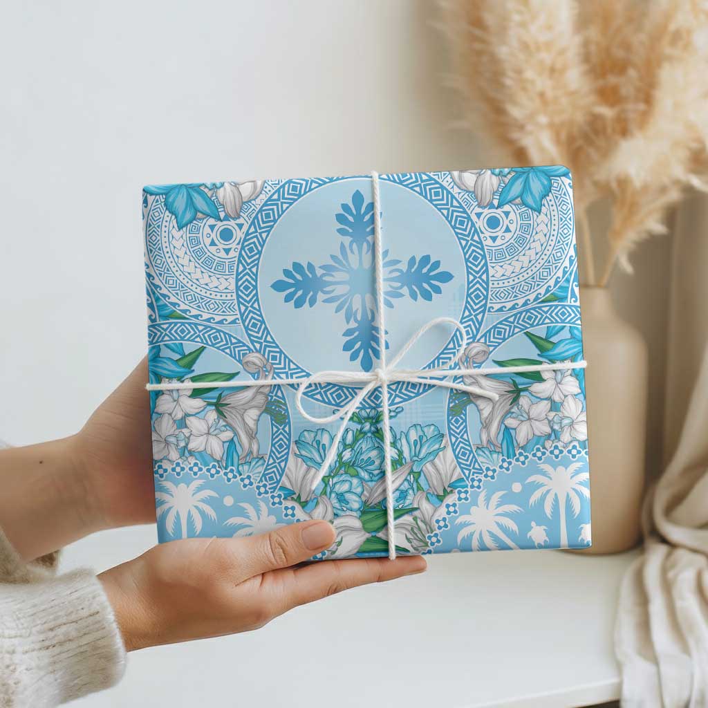 Hawaii Cyan Palaka Wrapping Paper With Tapa Pattern Tropical Flowers - Polynesian Pride