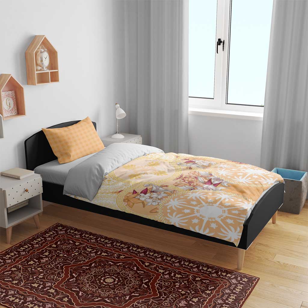 Hawaii Peach Palaka Bedding Set With Tapa Pattern Tropical Flowers - Polynesian Pride