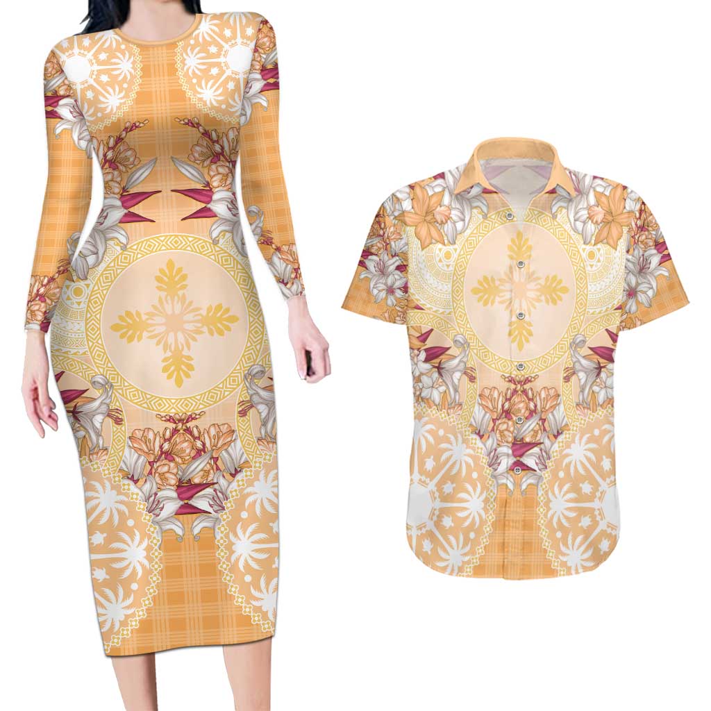 Hawaii Peach Palaka Couples Matching Long Sleeve Bodycon Dress and Hawaiian Shirt With Tapa Pattern Tropical Flowers LT05 Peach - Polynesian Pride