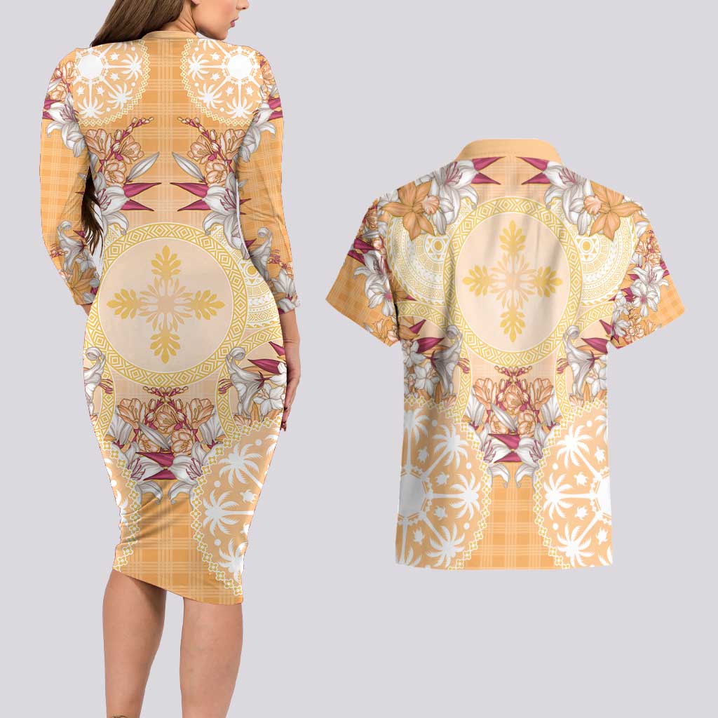 Hawaii Peach Palaka Couples Matching Long Sleeve Bodycon Dress and Hawaiian Shirt With Tapa Pattern Tropical Flowers LT05 - Polynesian Pride