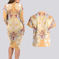 Hawaii Peach Palaka Couples Matching Long Sleeve Bodycon Dress and Hawaiian Shirt With Tapa Pattern Tropical Flowers LT05 - Polynesian Pride