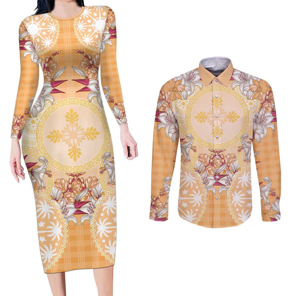 Hawaii Peach Palaka Couples Matching Long Sleeve Bodycon Dress and Long Sleeve Button Shirt With Tapa Pattern Tropical Flowers LT05 Peach - Polynesian Pride