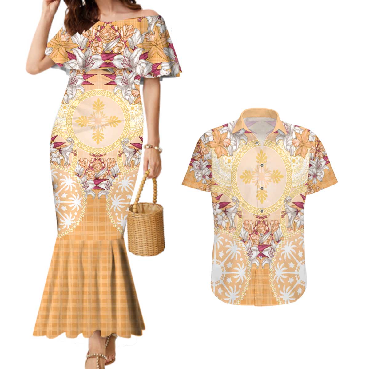 Hawaii Peach Palaka Couples Matching Mermaid Dress and Hawaiian Shirt With Tapa Pattern Tropical Flowers LT05 Peach - Polynesian Pride