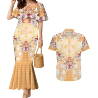 Hawaii Peach Palaka Couples Matching Mermaid Dress and Hawaiian Shirt With Tapa Pattern Tropical Flowers LT05 Peach - Polynesian Pride