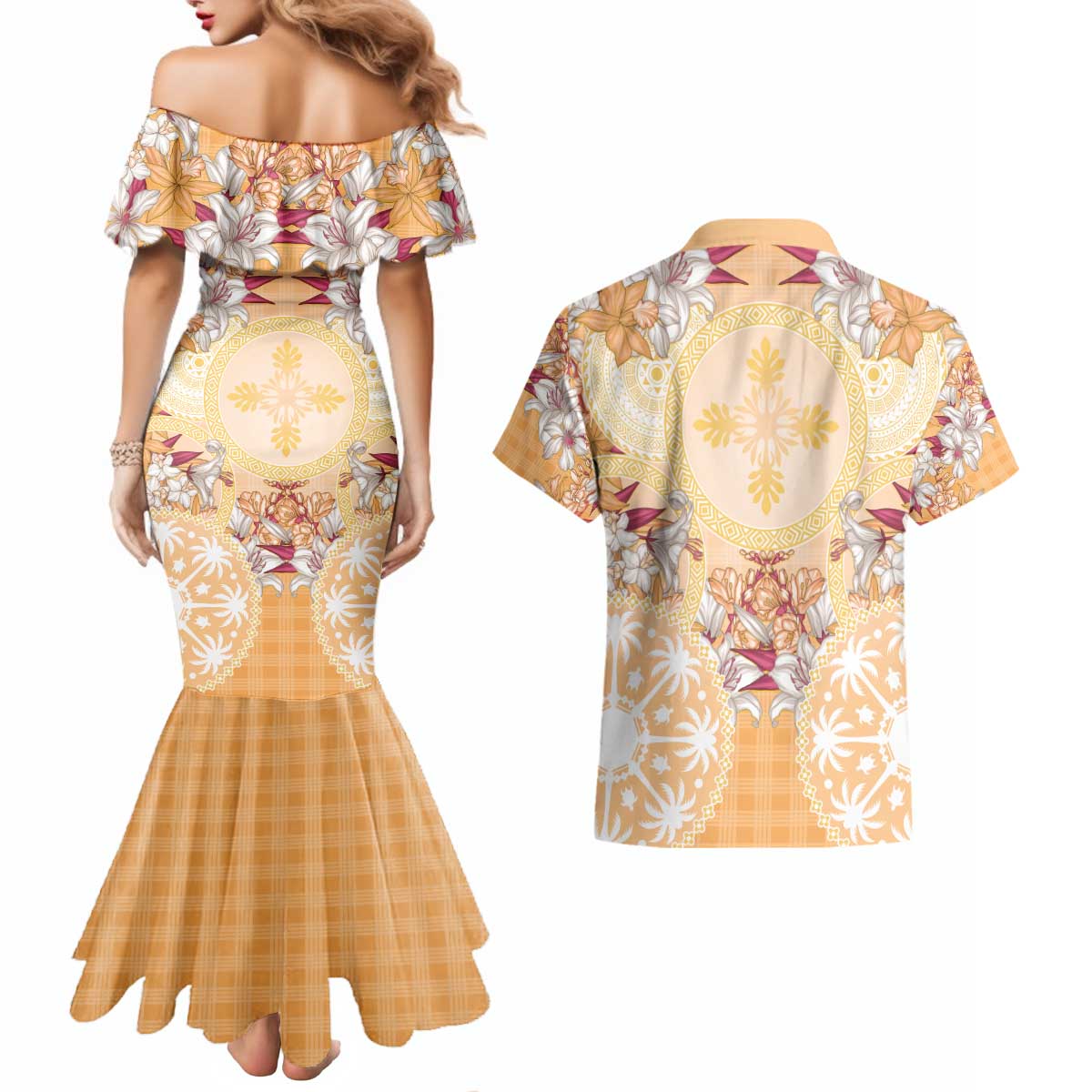 Hawaii Peach Palaka Couples Matching Mermaid Dress and Hawaiian Shirt With Tapa Pattern Tropical Flowers LT05 - Polynesian Pride