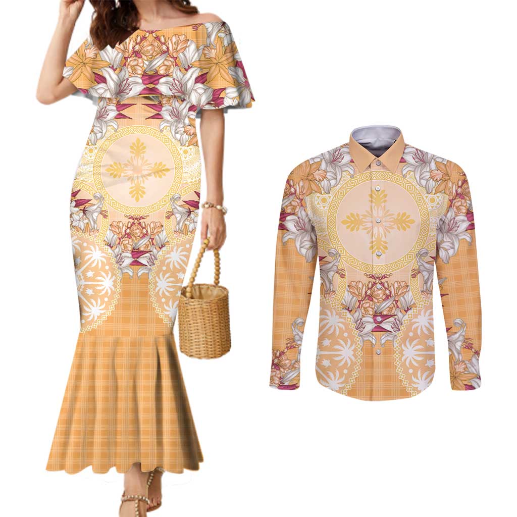 Hawaii Peach Palaka Couples Matching Mermaid Dress and Long Sleeve Button Shirt With Tapa Pattern Tropical Flowers LT05 Peach - Polynesian Pride