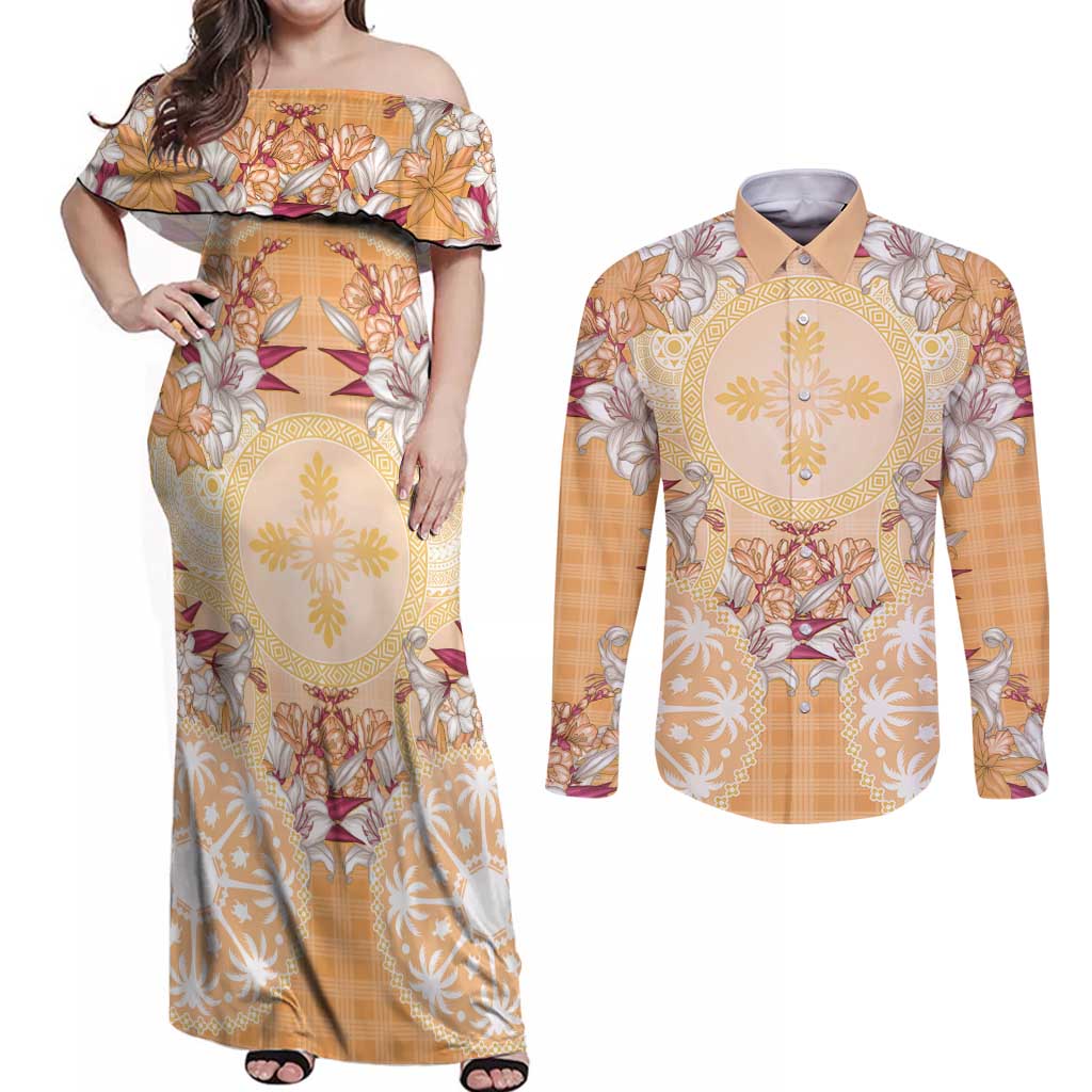 Hawaii Peach Palaka Couples Matching Off Shoulder Maxi Dress and Long Sleeve Button Shirt With Tapa Pattern Tropical Flowers LT05 Peach - Polynesian Pride