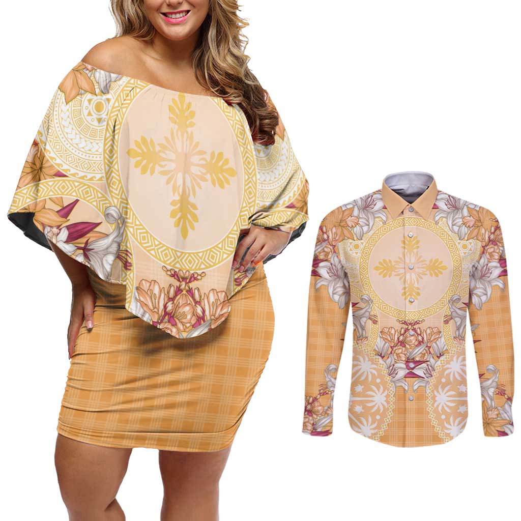 Hawaii Peach Palaka Couples Matching Off Shoulder Short Dress and Long Sleeve Button Shirt With Tapa Pattern Tropical Flowers LT05 Peach - Polynesian Pride