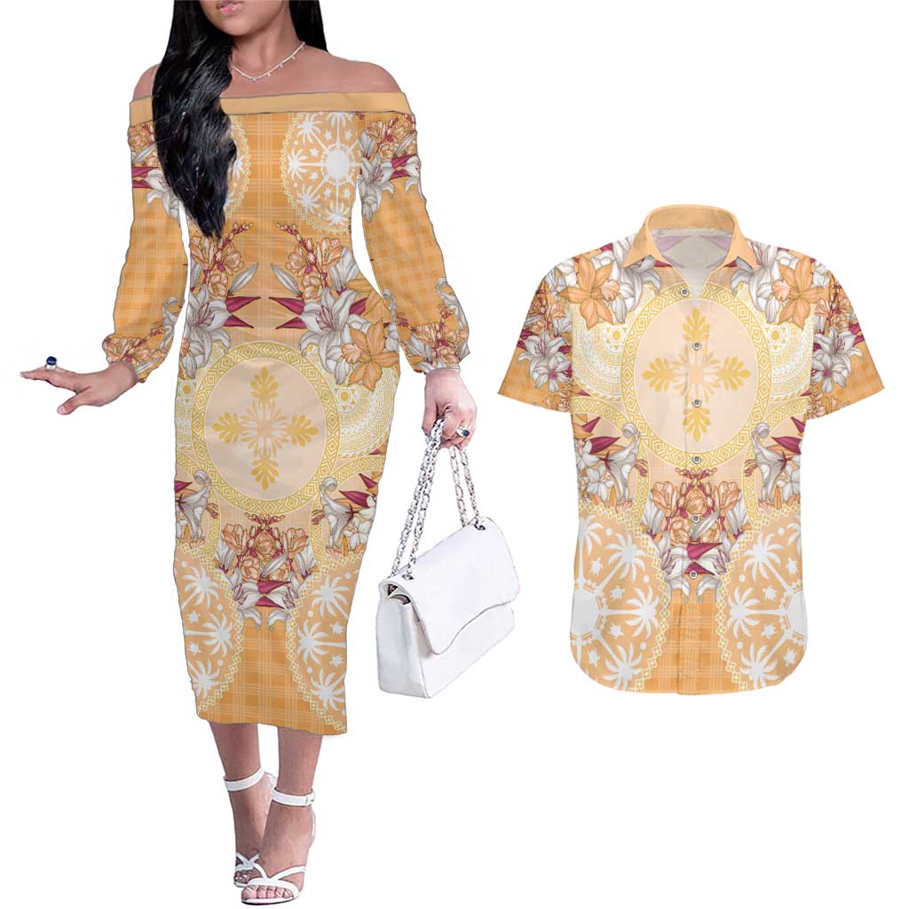 Hawaii Peach Palaka Couples Matching Off The Shoulder Long Sleeve Dress and Hawaiian Shirt With Tapa Pattern Tropical Flowers LT05 Peach - Polynesian Pride