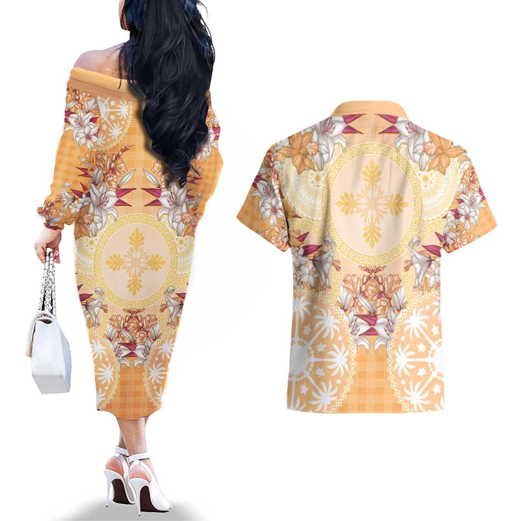 Hawaii Peach Palaka Couples Matching Off The Shoulder Long Sleeve Dress and Hawaiian Shirt With Tapa Pattern Tropical Flowers LT05 - Polynesian Pride