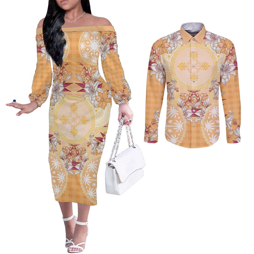 Hawaii Peach Palaka Couples Matching Off The Shoulder Long Sleeve Dress and Long Sleeve Button Shirt With Tapa Pattern Tropical Flowers LT05 Peach - Polynesian Pride