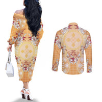 Hawaii Peach Palaka Couples Matching Off The Shoulder Long Sleeve Dress and Long Sleeve Button Shirt With Tapa Pattern Tropical Flowers LT05 - Polynesian Pride