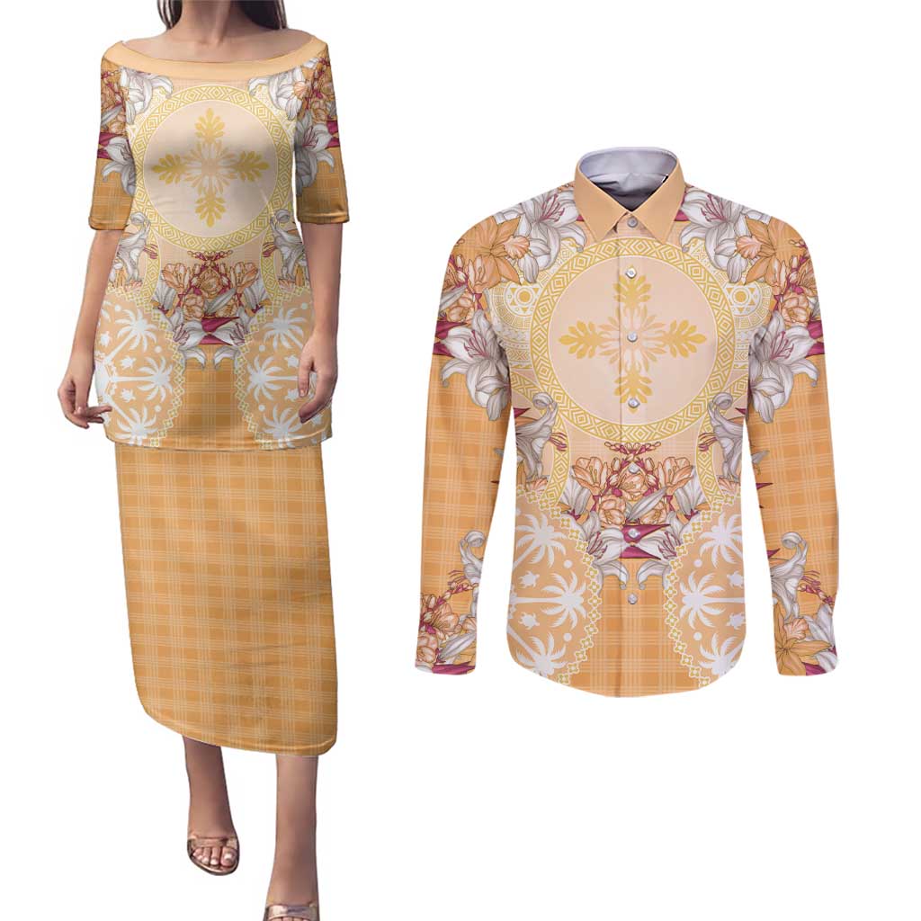 Hawaii Peach Palaka Couples Matching Puletasi and Long Sleeve Button Shirt With Tapa Pattern Tropical Flowers LT05 Peach - Polynesian Pride