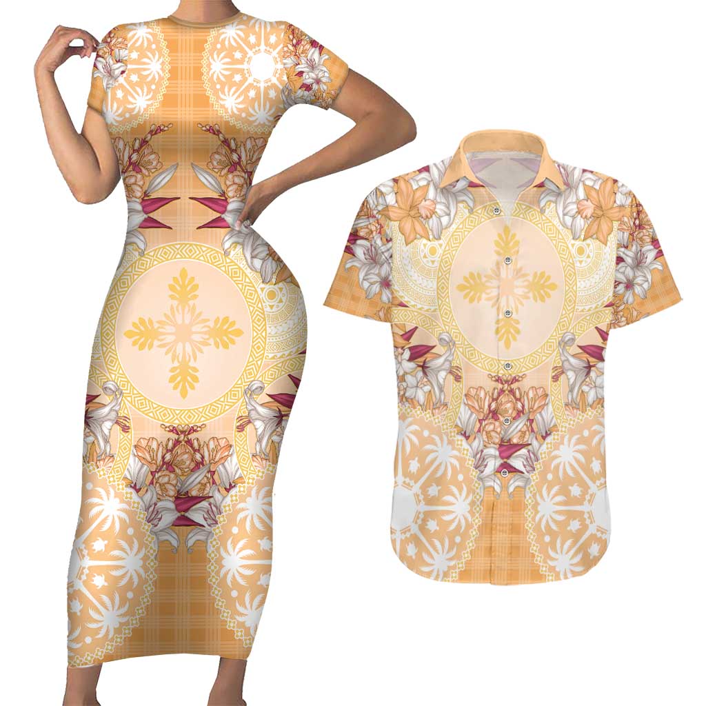 Hawaii Peach Palaka Couples Matching Short Sleeve Bodycon Dress and Hawaiian Shirt With Tapa Pattern Tropical Flowers LT05 Peach - Polynesian Pride
