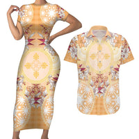 Hawaii Peach Palaka Couples Matching Short Sleeve Bodycon Dress and Hawaiian Shirt With Tapa Pattern Tropical Flowers LT05 Peach - Polynesian Pride