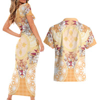 Hawaii Peach Palaka Couples Matching Short Sleeve Bodycon Dress and Hawaiian Shirt With Tapa Pattern Tropical Flowers LT05 - Polynesian Pride